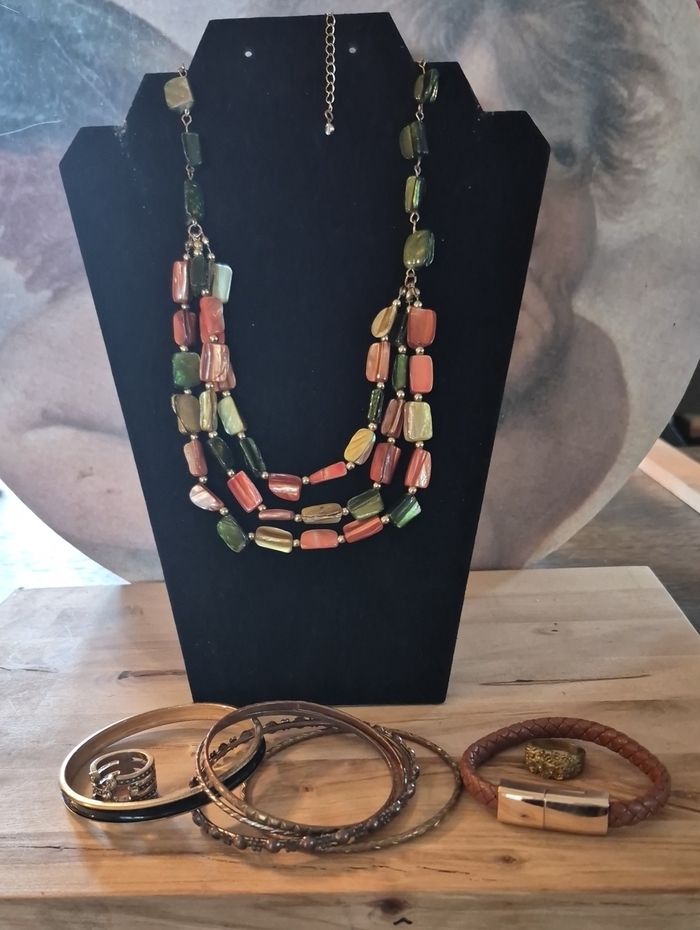 Three-Strand Green and Coral Beaded Necklace